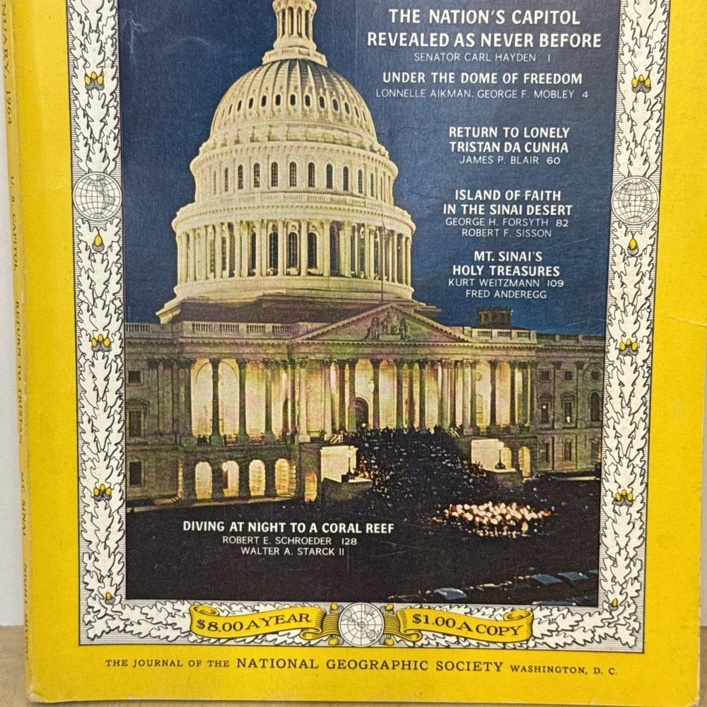 Vintage National Geographic January 1964 US Capitol Cover Night Photo